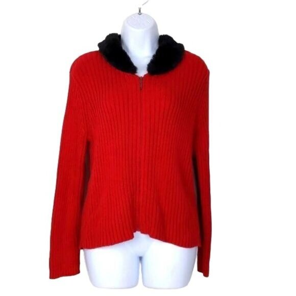 Liz Claiborne Womens Sweater Cardigan Red full zip long sleeve w/black collar PS - Picture 1 of 10